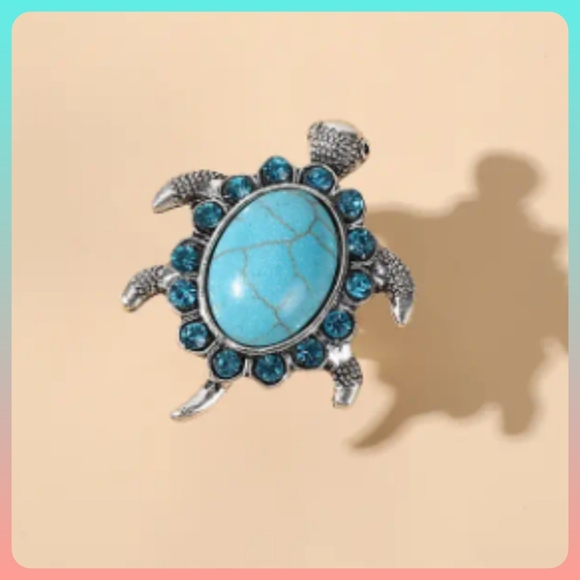 Stunning Turquoise Turtle Ring Handcrafted Silver Plated w rhinestones - Picture 2 of 6